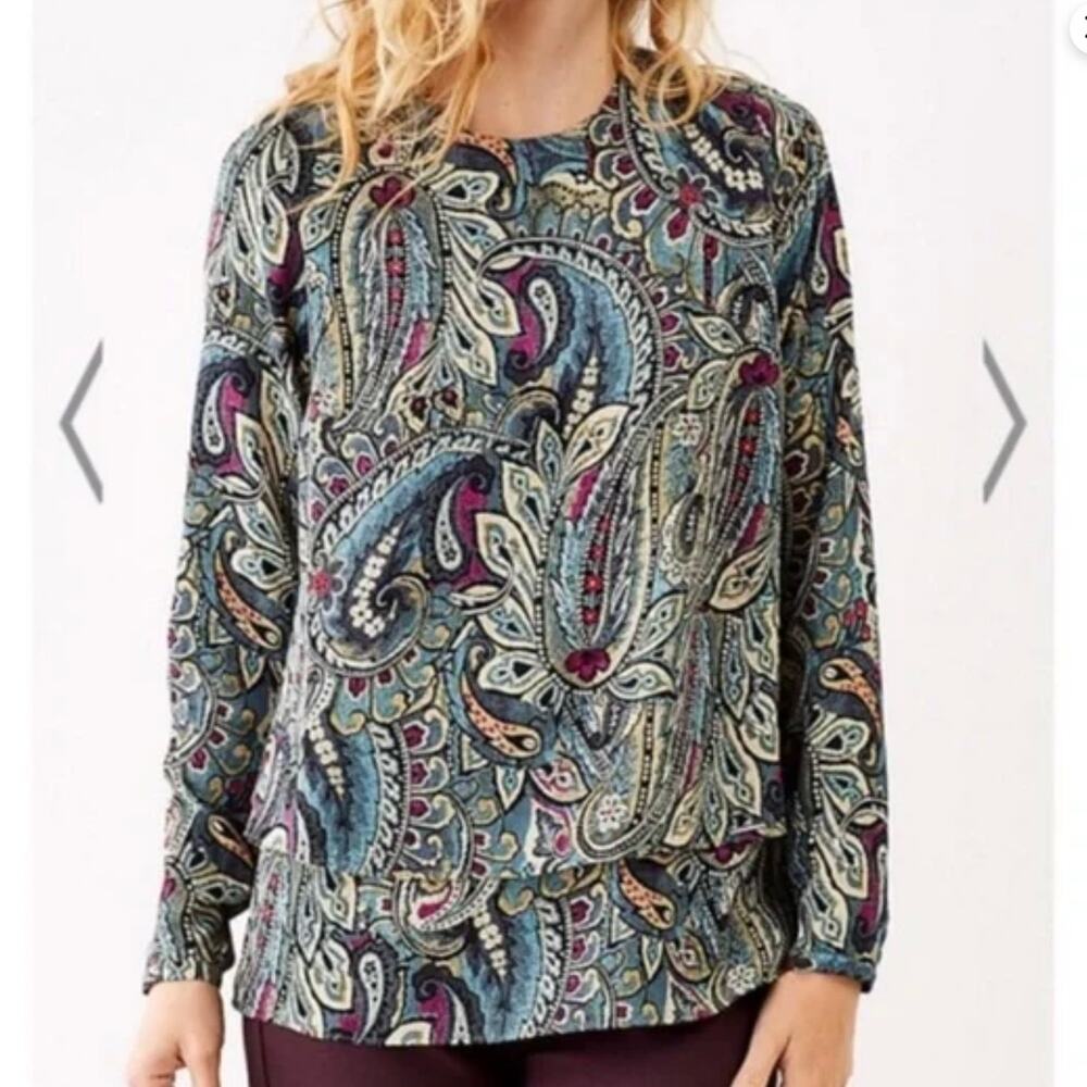 J JILL Tiered Paisley Blouse Women's Size M Petite Multicolor Teal Gray Plum Top